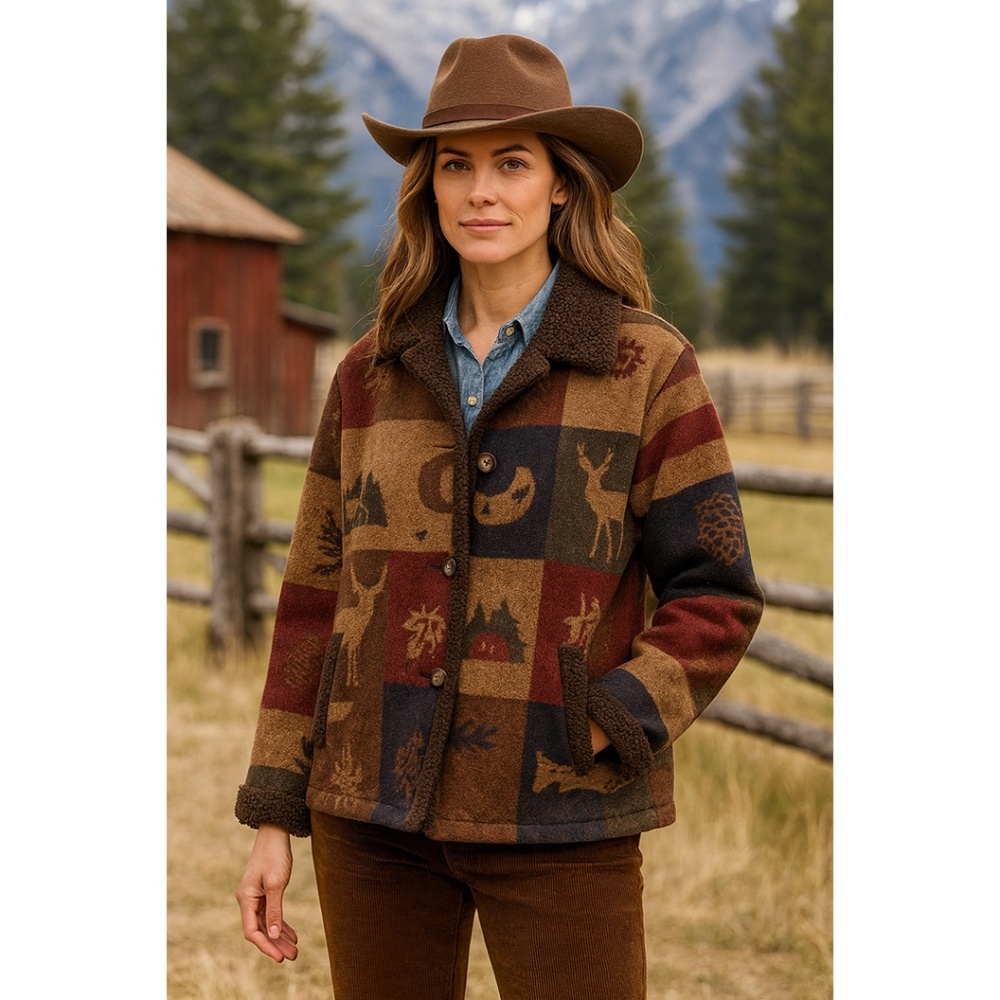 Pendleton Originals Wool Blanket Coat Jacket L Vintage Fleece Trim Nature Canoe